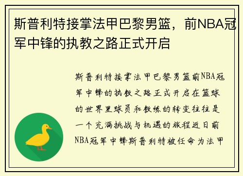 斯普利特接掌法甲巴黎男篮，前NBA冠军中锋的执教之路正式开启