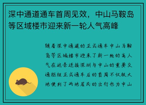 深中通道通车首周见效，中山马鞍岛等区域楼市迎来新一轮人气高峰
