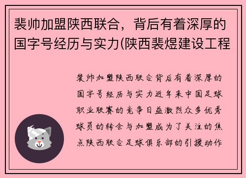 裴帅加盟陕西联合，背后有着深厚的国字号经历与实力(陕西裴煜建设工程有限公司)