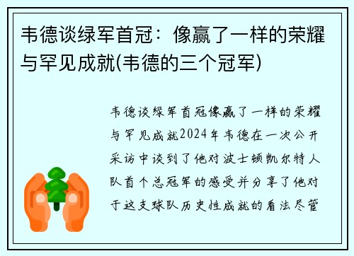 韦德谈绿军首冠：像赢了一样的荣耀与罕见成就(韦德的三个冠军)