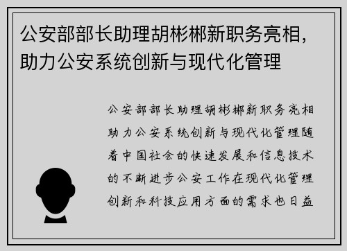 公安部部长助理胡彬郴新职务亮相，助力公安系统创新与现代化管理
